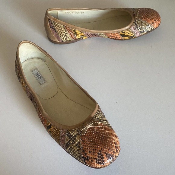 Prada Ballet Flat Leather Snake Python Patchwork Bow Brown Beige Orange … - Picture 8 of 12